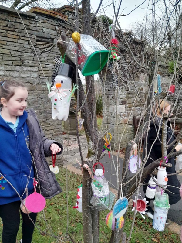 School pupil hangs Christmas decorations on outside tree.