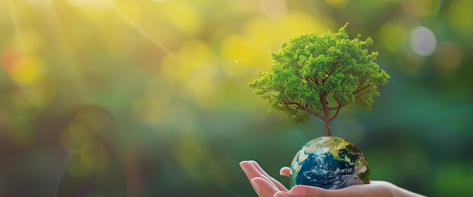 Image shows a hand holding a globe with a tree