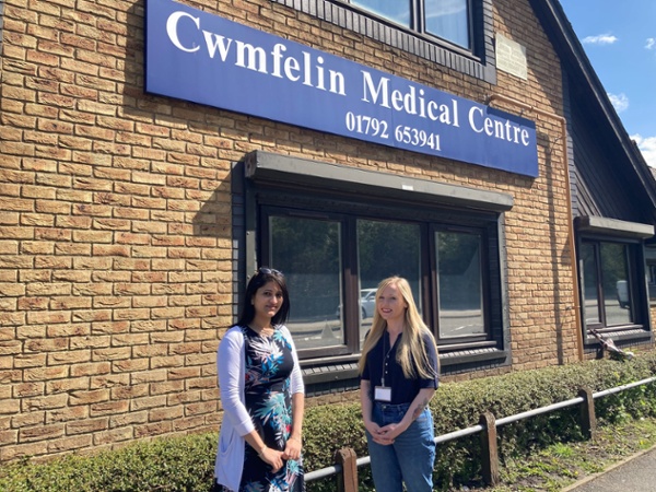 Sowndarya and Demi stood outside Cwmfelin Medical Centre