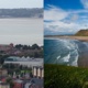 A collage with an aerial shot of a coastline and a town.