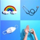 A picture of various things connected to the pandemic, including a rainbow, a mask and Covid