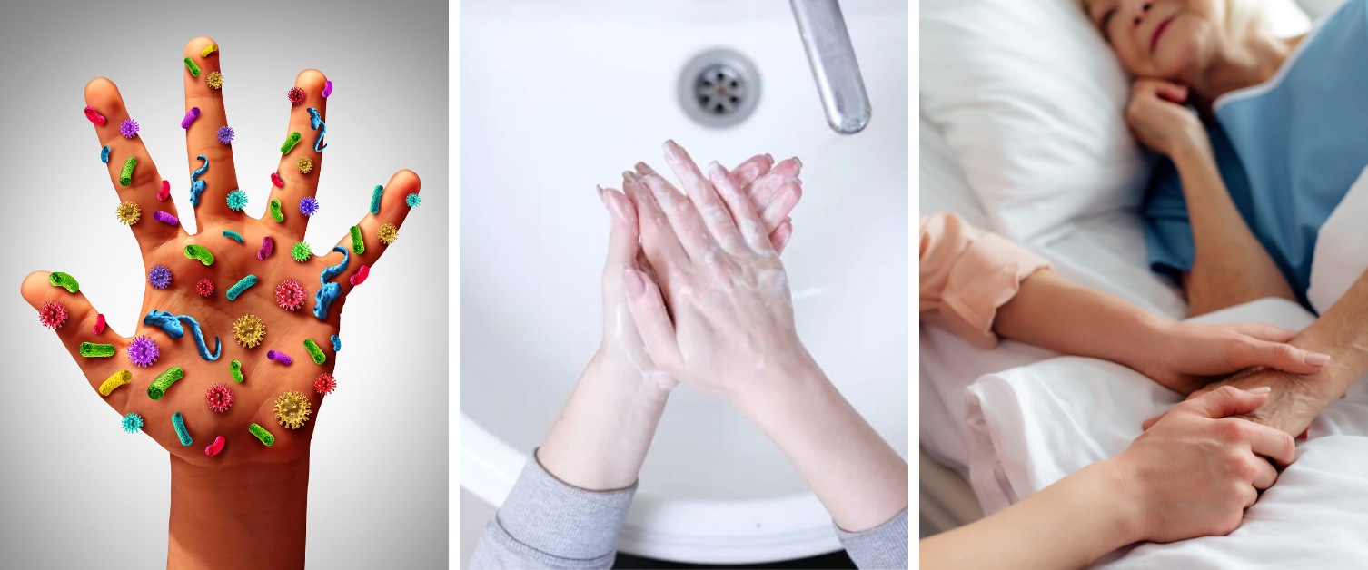 These three images show a hand covered with germs, a woman washing her hands, and a visitor holding the hand of an elderly hospital patient.