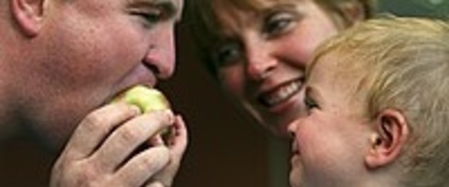 A young boy feeding his Father and apple while his Mother watches