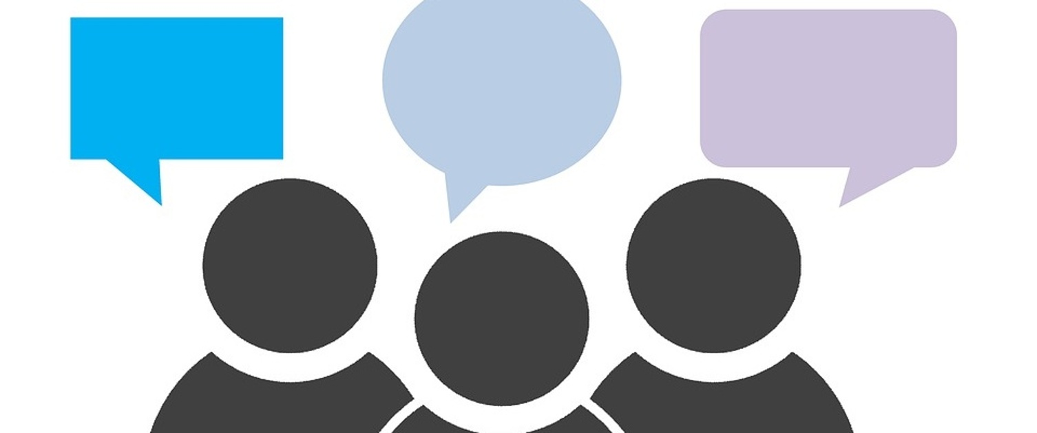 Graphic of three people with speech bubbles above their heads.
