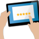 A graphic of hands inputting a star rating into a mobile device.