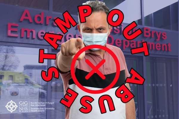 Angry man in front of ED department pointing forward, surrounded by logo.