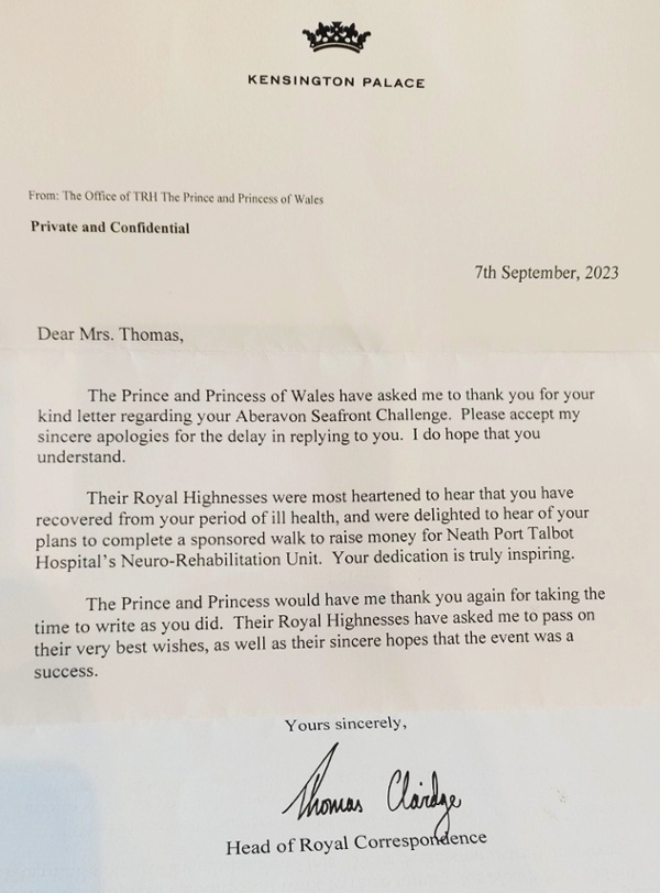 Image shows the full letter written to Barbara from the Prince and Princess of Wales.