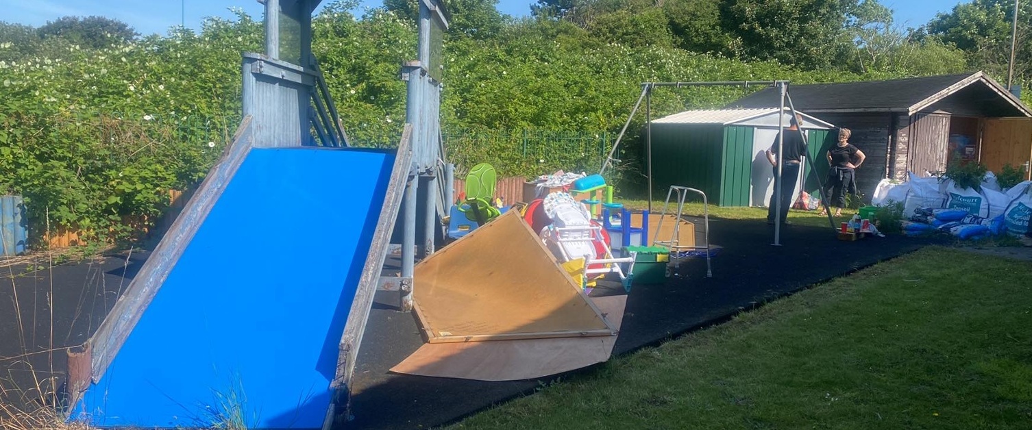 Broken play equipment in a playground