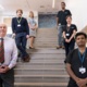 Research team on the stairs at Morriston Hospital