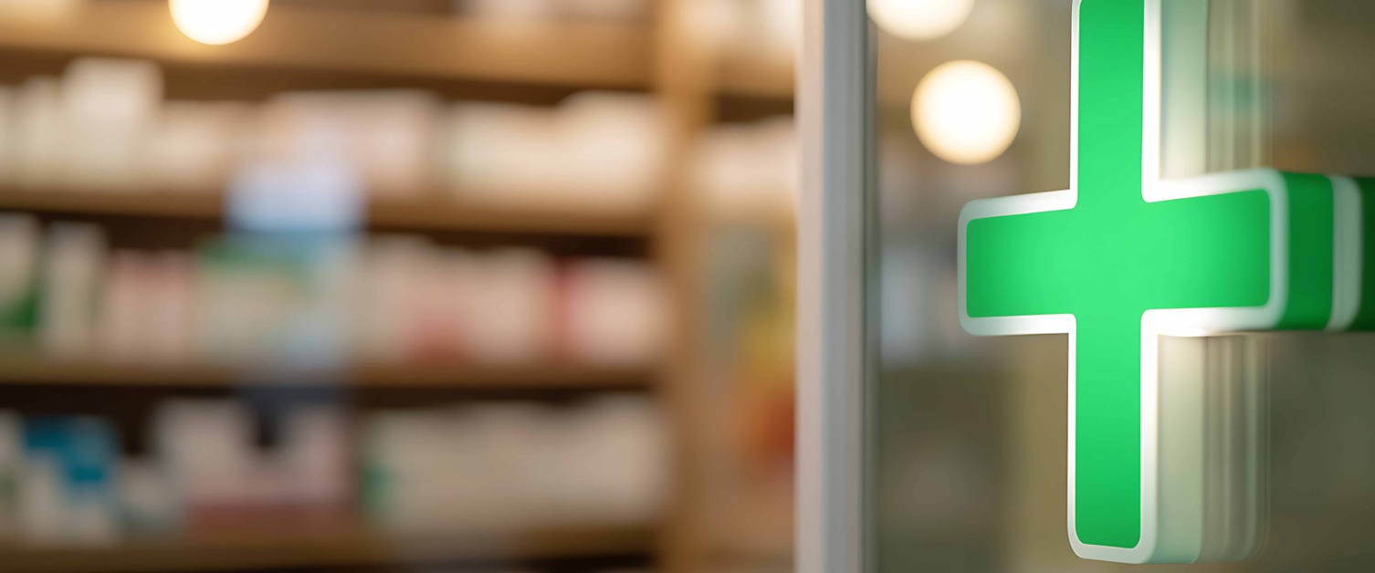 The green pharmacy sign on the door of a pharmacy