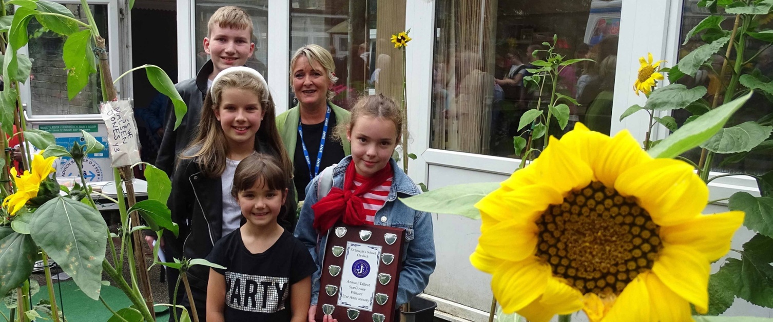 Image shows a teacher and schoolchildren alongside sunflowers.