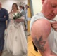 Composite image showing a man walking a woman down the aisle and the man showing a large lump on his shoulder.