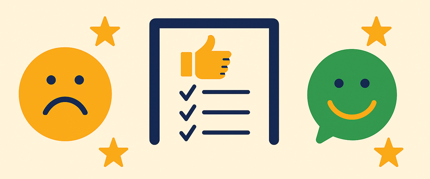 An animated image of a sad yellow face, happy green face, with an icon representing positive feedback in between them.