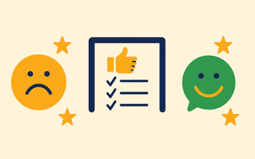 An animated image of a sad yellow face, happy green face, with an icon representing positive feedback in between them.