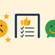 An animated image of a sad yellow face, happy green face, with an icon representing positive feedback in between them.