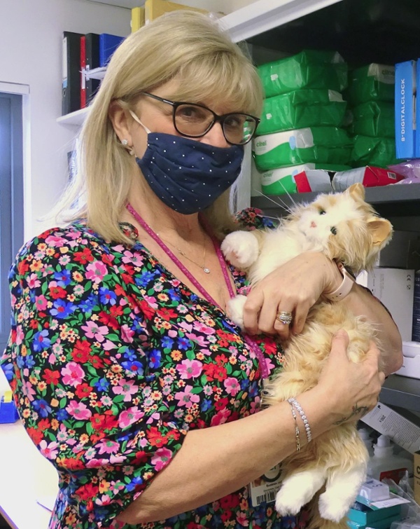 Sue Williams cuddles one of the artificial cats