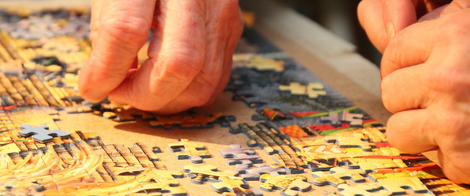 Hands working on a jigsaw puzzle.