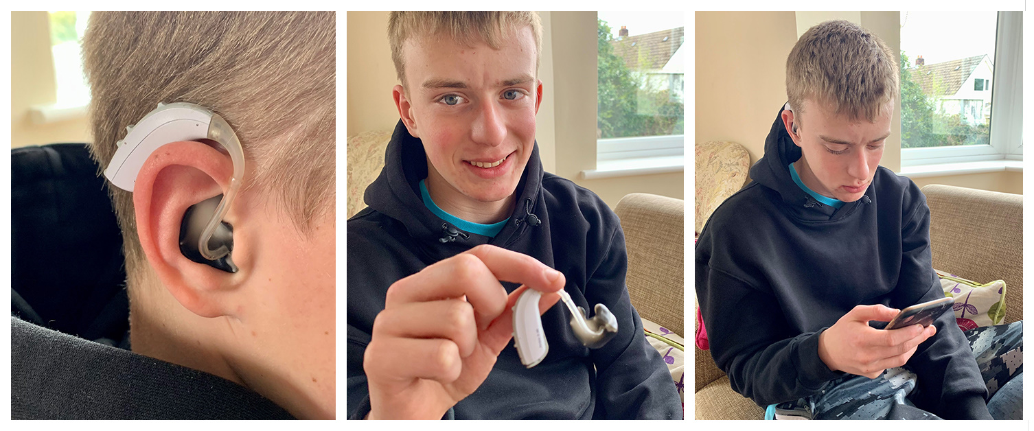 Image shows multiple photographs of a teenager with his hearing aid