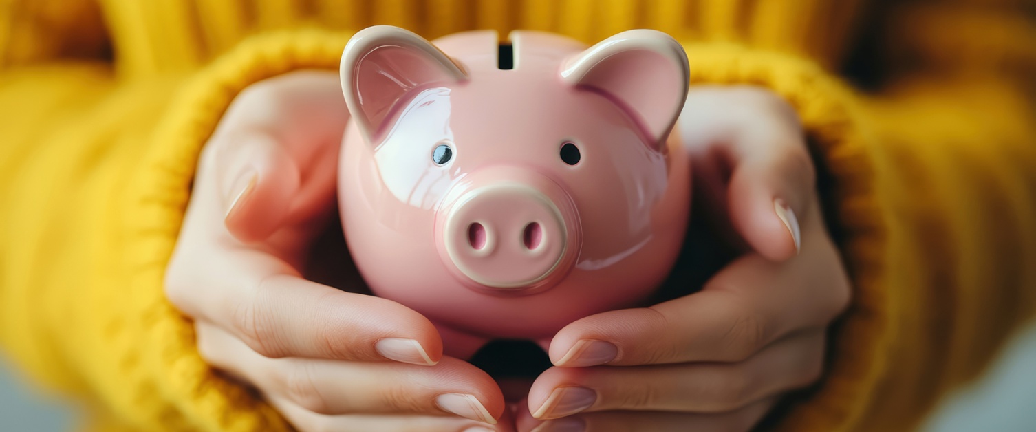 a woman holding a piggy bank