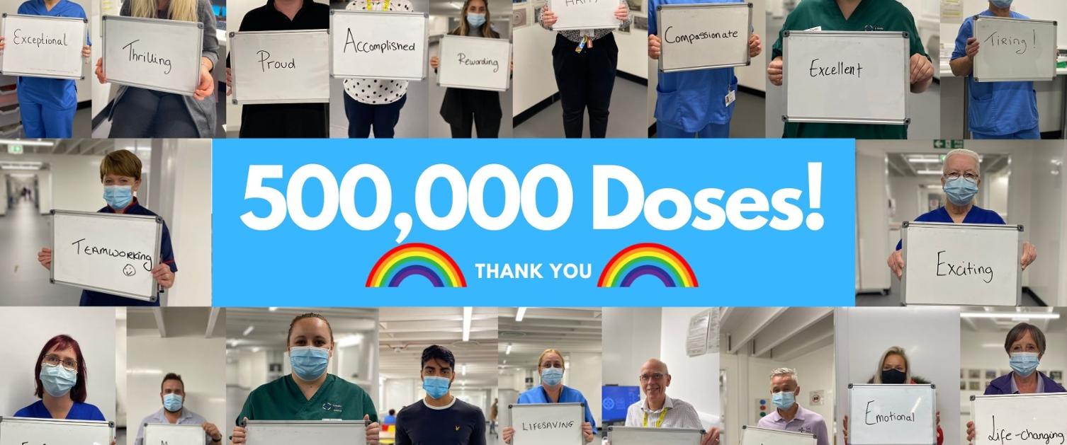 Collage of various staff holding up white board with single word on board.