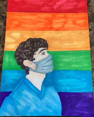 A drawing of a nurse wearing a mask with a rainbow background