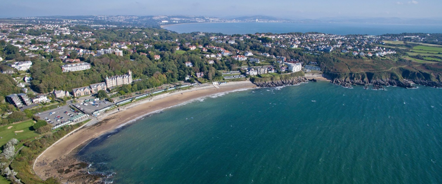 Aerial shot of Langland Bay.