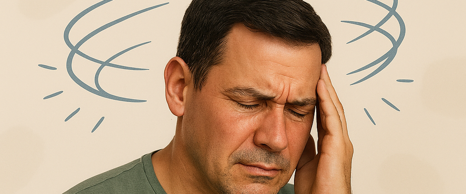 Image shows person feeling dizzy and holding their head.