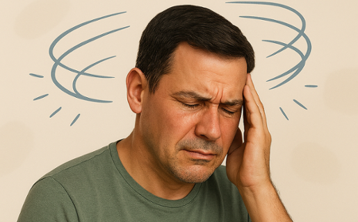 Image shows person feeling dizzy and holding their head.