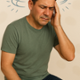 Image shows person feeling dizzy and holding their head.