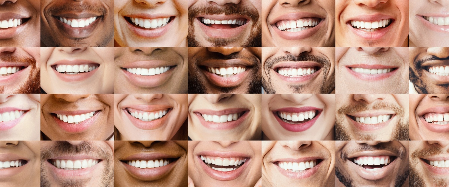 Image is a collage of lots of individual mouths smiling and showing their teeth.