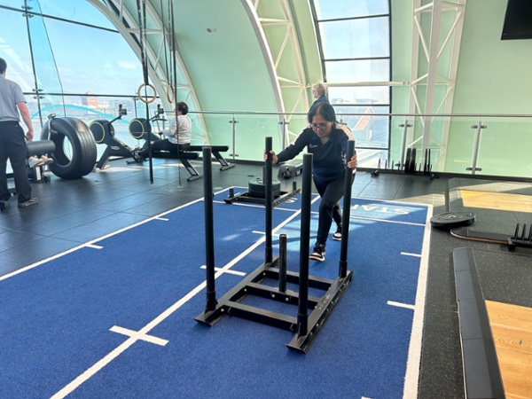 A woman pushing a sled