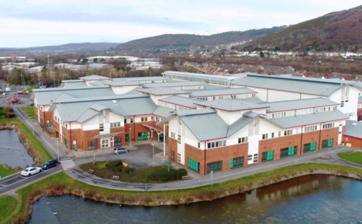Aerial image of Neath Port Talbot Hospital.