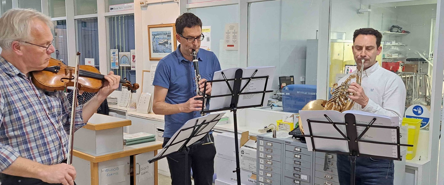 A violinist, a clarinet player and French horn player perform on a hospital ward.