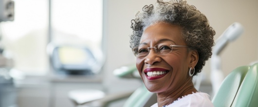 A happy female patient smiles at the camera.