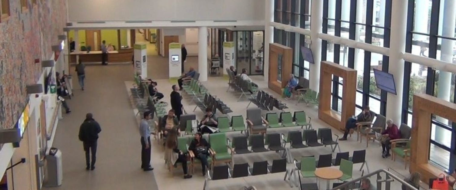 An overview of the outpatients waiting area in Morriston Hospital.