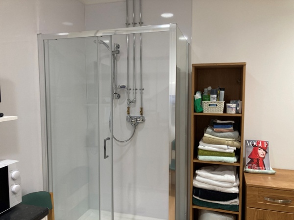 A shower and shelves