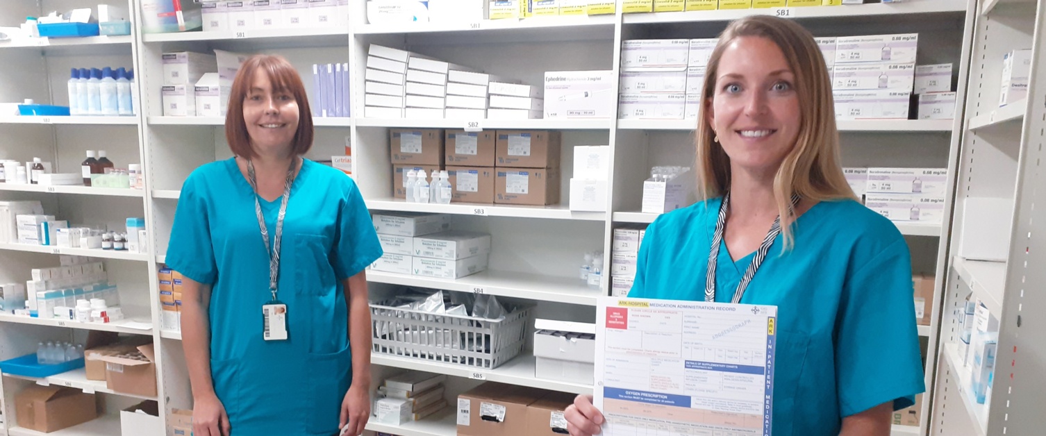 Julie Harris and Carys Howell in the hospital pharmacy