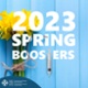 Image shows a bouquet of daffodils behind the writing “2023 Spring Boosters” set on a blue background. The ‘T’ in Boosters is replaced by a syringe.