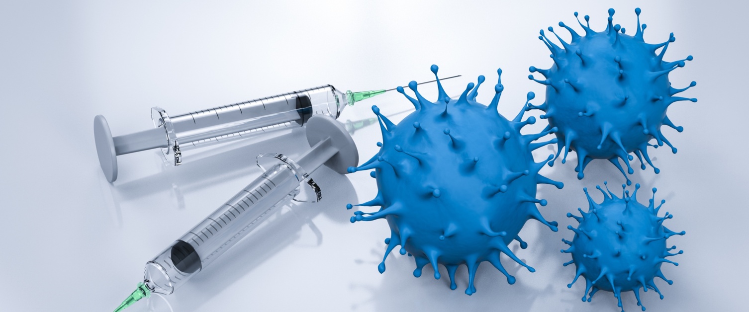 Two syringes on a table next to three blue COVID viruses.