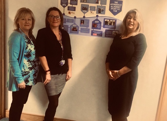 Image shows three women standing next to photos
