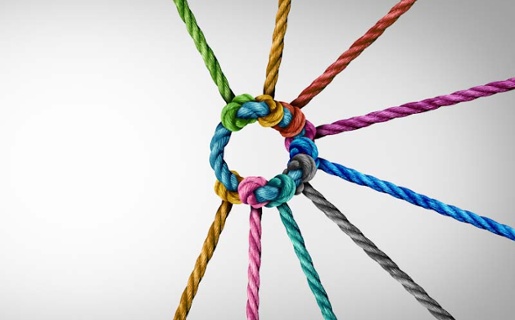 Image shows different colour ropes coming together in a circle.