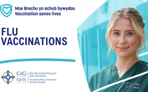 An image of a woman smiling to camera, with text promoting this year's flu vaccination campaign.