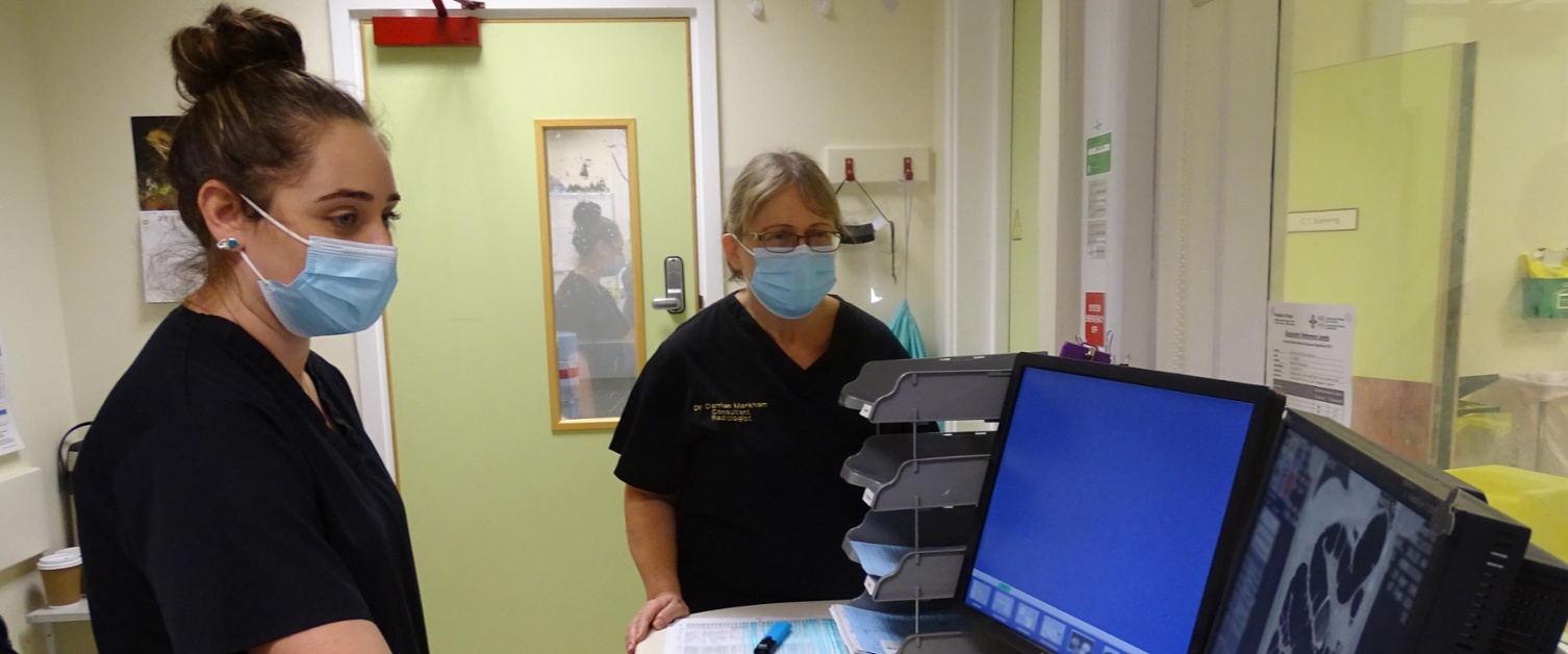 Image shows two staff members looking at diagnostic screens