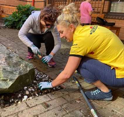 Image shows women clearing weeds