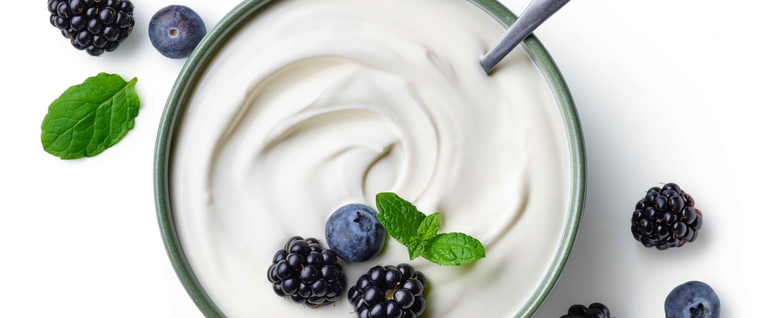 Image shows bowl of Greek yoghurt with small amount of fruit on top.