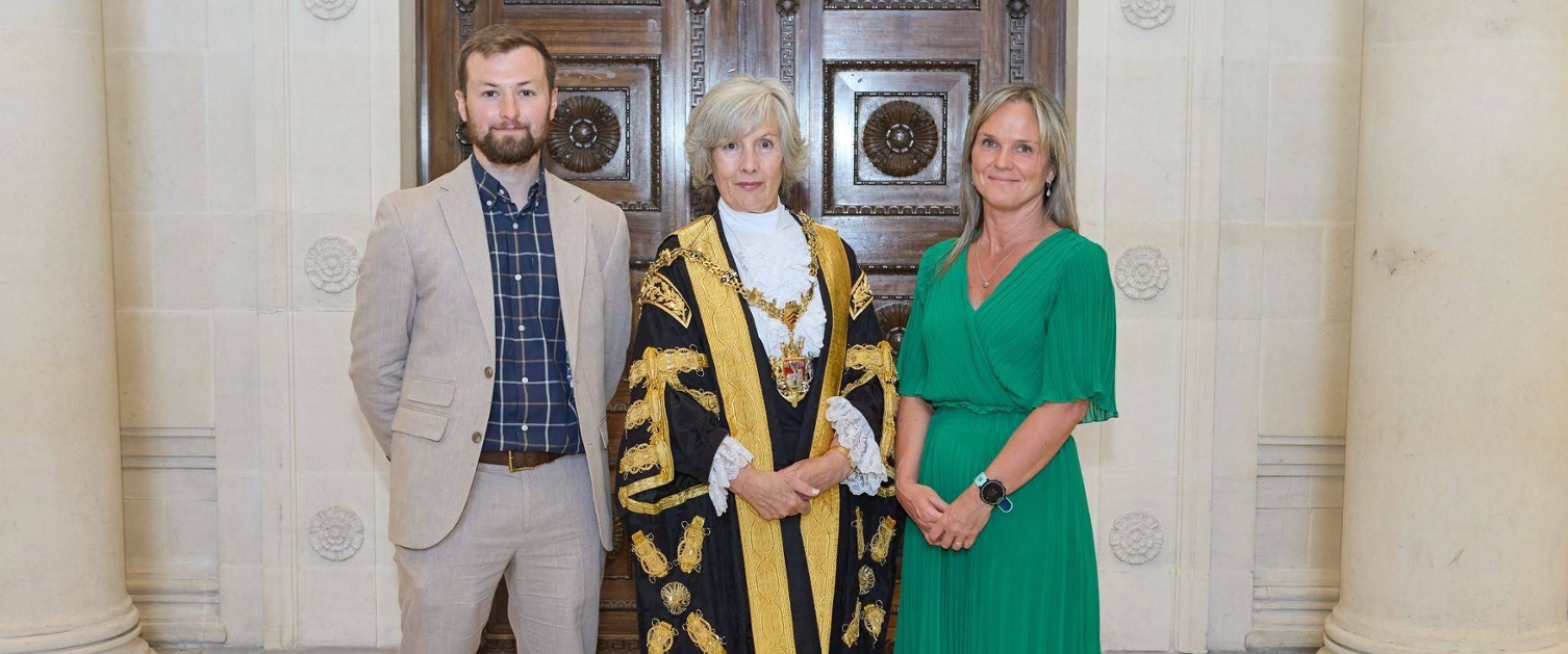 Image shows three people including the Lord Mayor of Swansea.