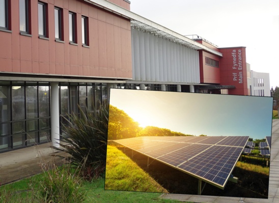 An image of Morriston Hospital's main entrance, and a solar farm.