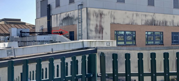A picture of a first floor window, with a red arrow pointing at in.