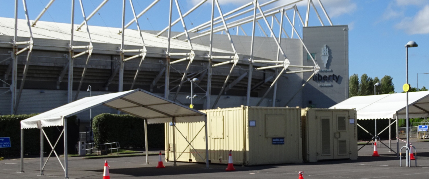 Image shows the lanes at the drive-through testing unit at the Liberty Stadium.