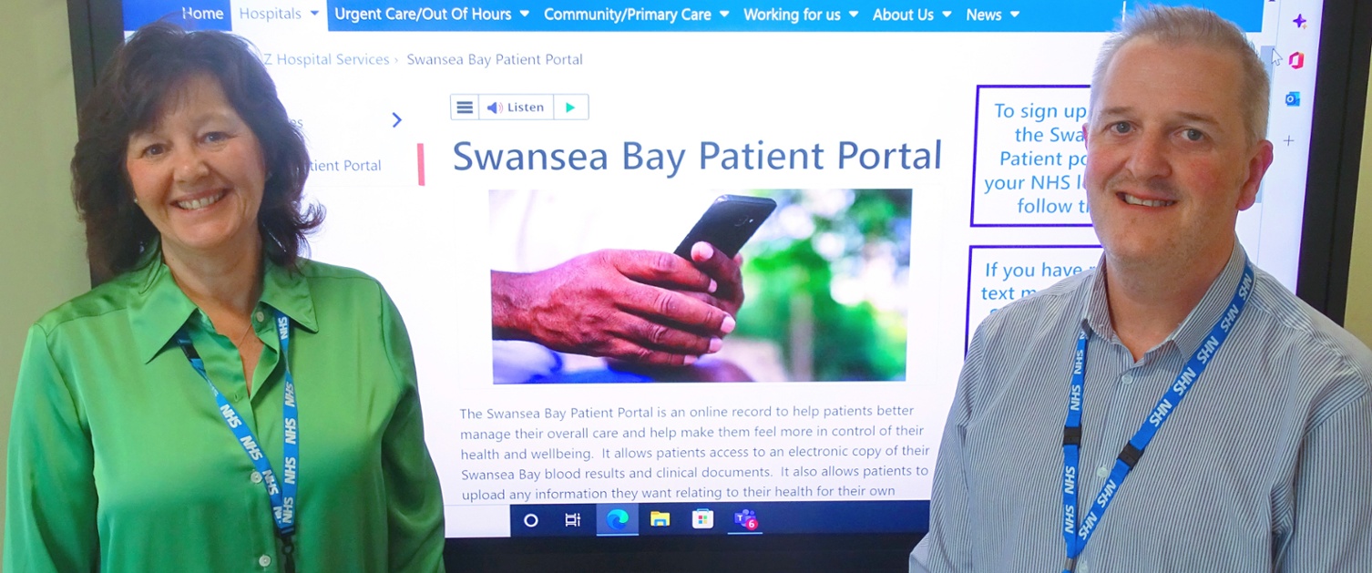 Image shows two people each side of a TV screen displaying the Patient Portal
